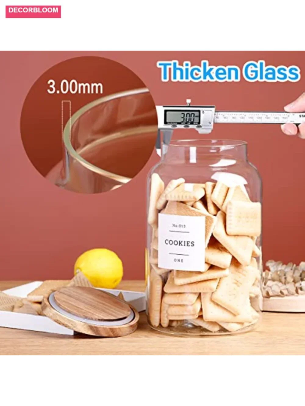 1 Gallon Glass Cookie Jar with Airtight Acacia Lid & 42 Labels